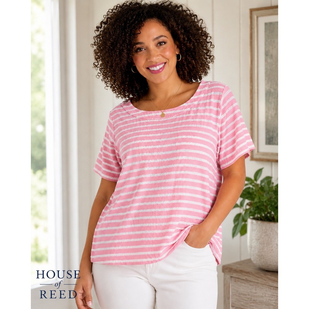 Kim Rogers Curvy Womens 2X Pink White Striped Short Sleeve Textured Knit Top
